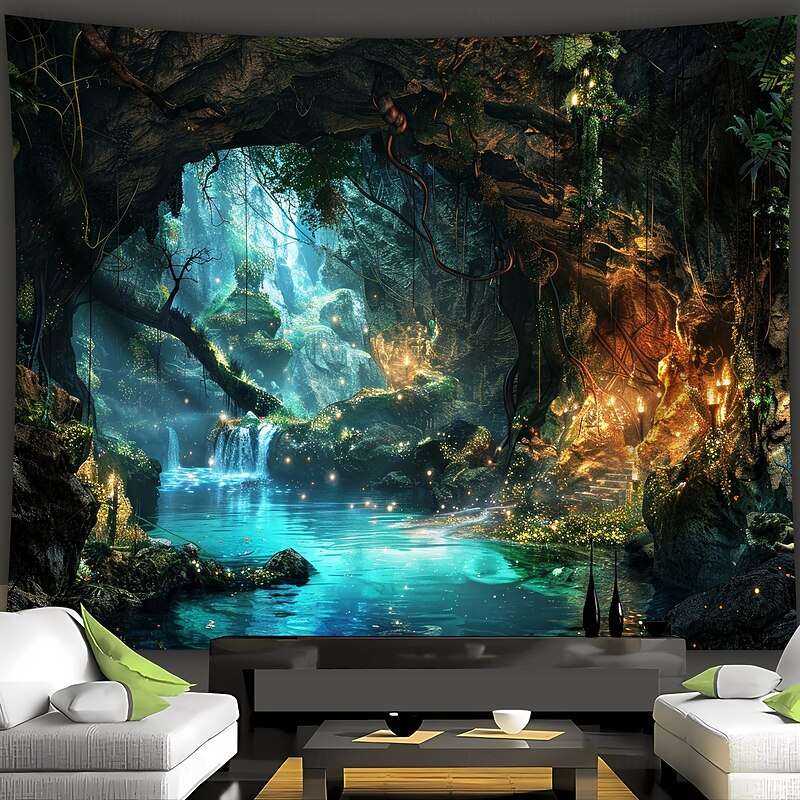 Witch at the Haunted Cabin Tapestry – Spooky Halloween Wall Hanging with Skulls, Lanterns & Gothic Doorway Scene4