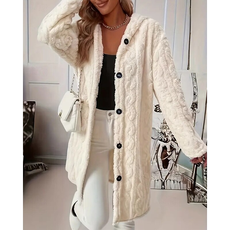 Women's Coat Faux Fur Coat Warm Comfortable Buttons Casual Plain Outdoor Daily Wear Going out Casual Daily Single Breasted Long Hooded Regular Fit Long Sleeve Outerwear Beige Winter3