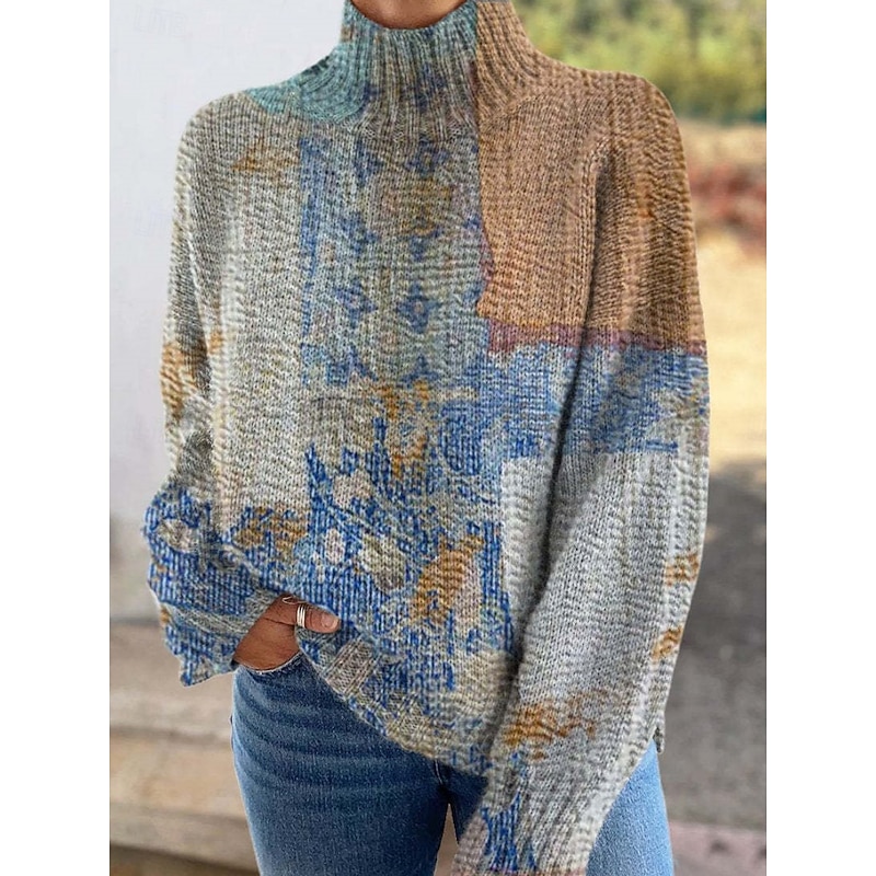 Women's Sweater Casual Soft Geometric Ribbed Turtleneck Knitted Print Long Sleeve Regular Tops Knit Outdoor Daily Weekend White Wine Fall Winter4