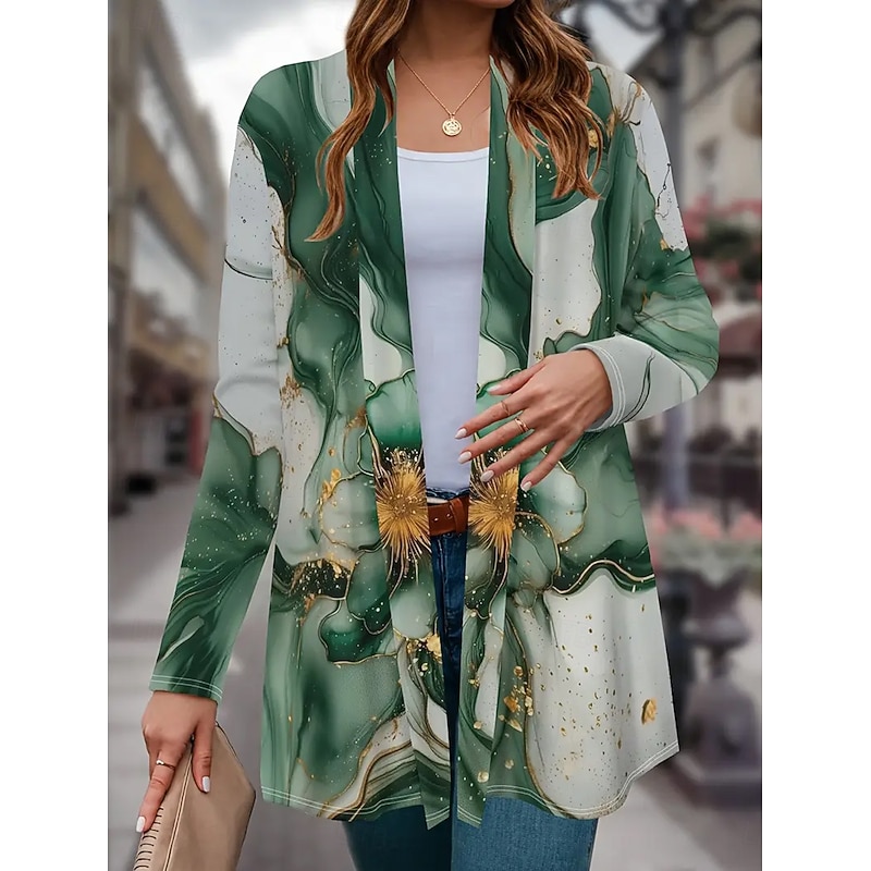 Women's Winter Coat Trench Coat Lightweight Comfortable Print Open Front Vintage Fashion Casual Floral Vacation Casual Long Collarless Regular Fit Long Sleeve Outerwear Purple Green Spring Fall4