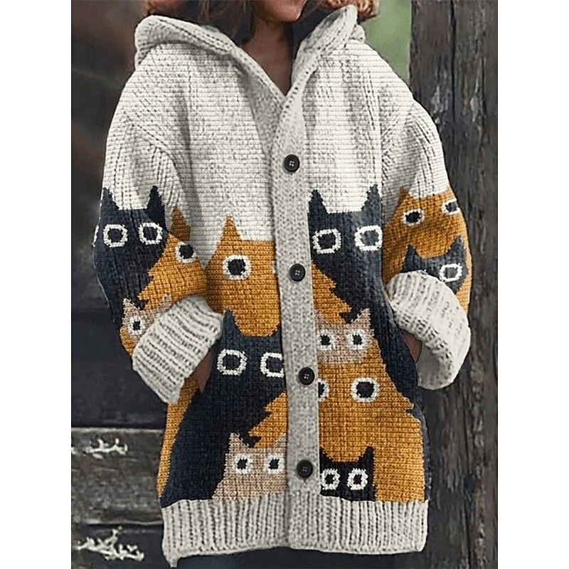 Women's Cardigan Vacation Daily Animal Ribbed Hooded Knitted Print Front Pocket Long Sleeve Regular Tops Knit Outdoor Daily Holiday Black Yellow Fall Winter3