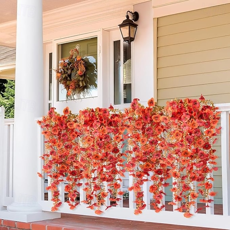 4 Pack Artificial Fall Flowers for Outdoor Faux Pansy Fake Mums Plant Hanging Flowers Outdoor Fall Decor UV Resistant No Fade Silk Flower for Front Door Porch Planter Patio Yard Garden(Orange Golden)4