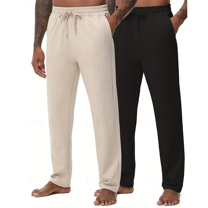 Multi Packs 2pcs Men's black+dark grey Sweatpants Trousers Drawstring Elastic Waist Plain Vacation Daily Wear Polyester Spring4