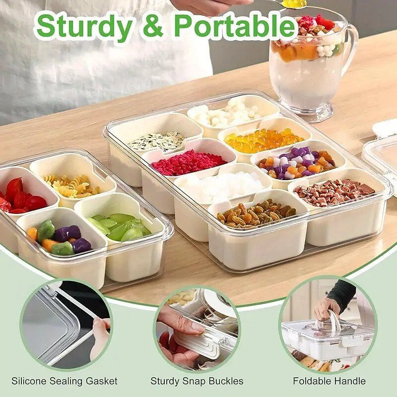 1/2pcs Snackle Box Container Divided Snack Tray with Lid and Handle, 8-Compartment Portable Transparent Container for Fruits, Vegetables, Salads, Ideal for Travel, Camping, and Picnic3