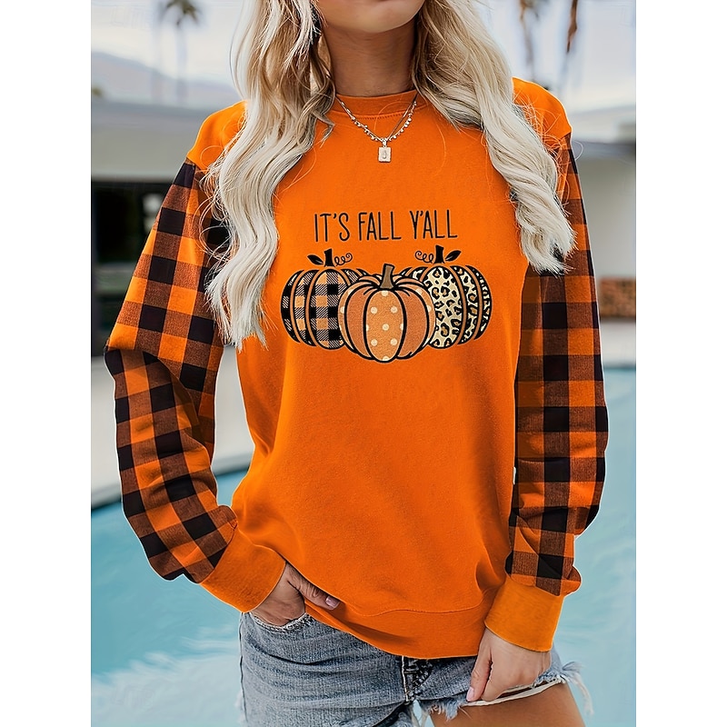 Halloween Women's Pullover Sweatshirt Pumpkin Graphic Letter ashion Casual Long Sleeve Crew Neck Regular Tops Street Dailywear Casual Print Red Purple Orange Fall Winter