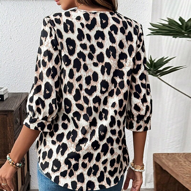 Women's Shirt Leopard Elegant Vintage Daily 3/4 Length Sleeve V Neck Shirt Collar Work Daily Print Leopard Print Summer Spring Fall3