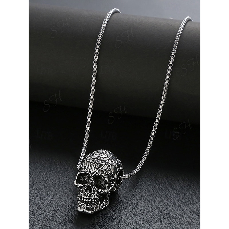 Men's Halloween Gothic Skull Pendant Necklace - Vintage Carved Alloy Chain Jewelry for Party, Cosplay and Everyday Punk Style4