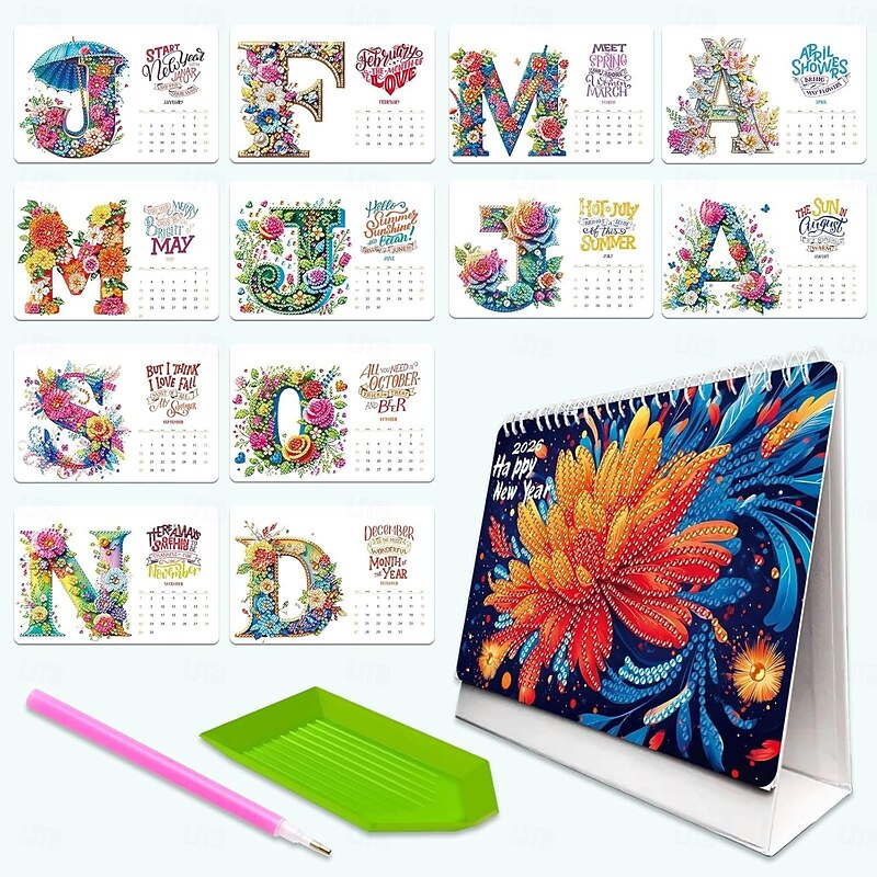 2026 DIY Crystal Painting Desktop Calendar Standing Monthly Flip Handmade Art Calendar Kit for Home Office Ornament Craft Gift3