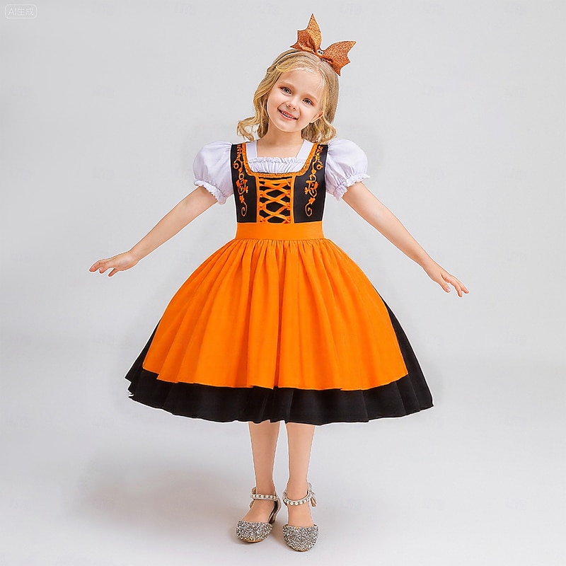 Kids Girls' Party Dress Color Block Short Sleeve Special Occasion Halloween Party Halloween Custome Sweet Polyester Summer Spring Fall 6-12 Y Orange