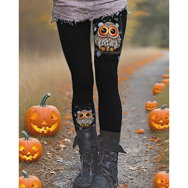 Women's Pants Trousers Leggings Cozy Leggings Streetwear Casual Full Length High WaistPantsHalloween Animal Owl Elastic Waist Print Breathability Comfortable Stretchy Vacation Street Daily Wear Black