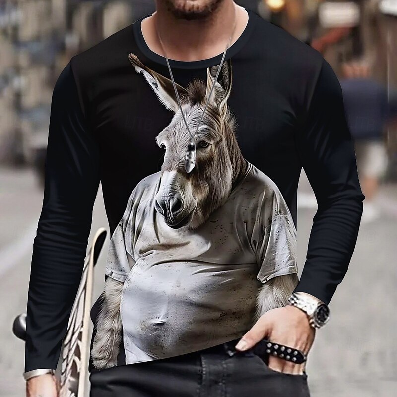 Men's 3D Donkey T Shirt Long Sleeve T shirt 3D Print Crew Neck Shirt Fashion Basic Street Casual Daily Black Summer Spring Clothing Apparel S M L XL XXL XXXL