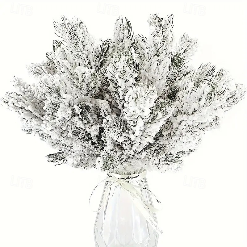 12/24pcs Christmas Snow Frosted Pine Needles – Realistic Iced Pine Branches with Snow Tips for Tree, Wreath, and Winter Centerpiece Decorations – Durable Plastic Evergreen Sprigs for Indoor/Outdoor Holiday Decor4