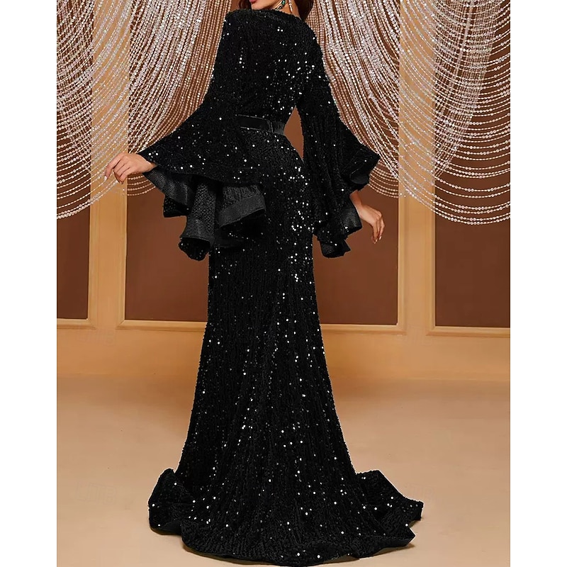 Black Sequin Velvet Mermaid / Trumpet Evening Gown Elegant Dress Formal Wedding Floor Length Long Sleeve Sweetheart Pink Dress Sequined with Ruffles 20252
