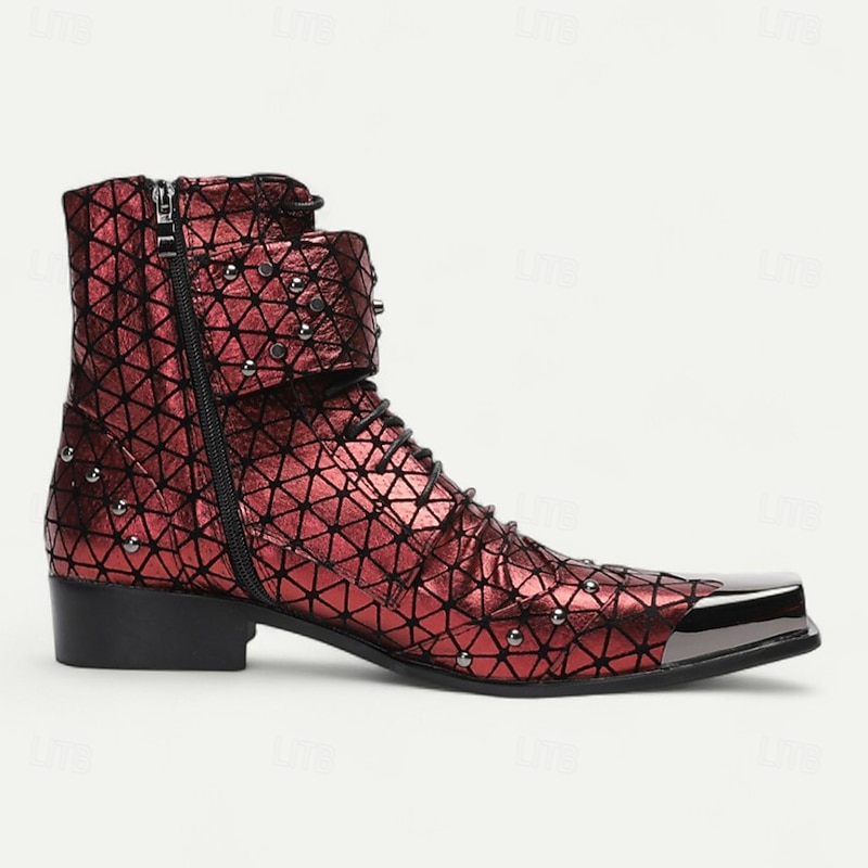 Men's Red Geometric Pattern Lace-Up Boots – Gothic Punk Pointed Toe Ankle Shoes for Concerts, Cosplay and Clubwear4