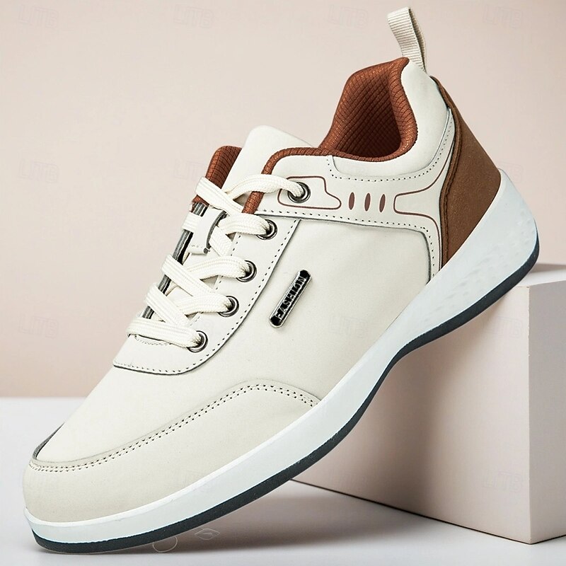 Men's White Faux Leather Casual Sneakers with Brown Accent – Lightweight Everyday Walking Shoes for Work, Travel and Street Style Fashion
