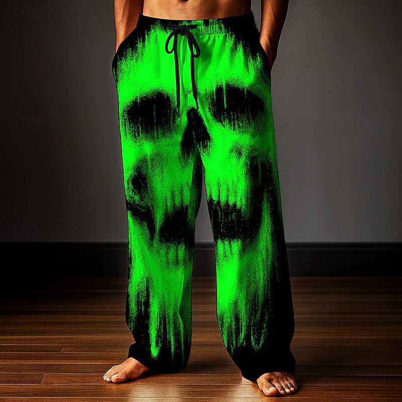 Halloween Men's Skull Halloween Costumes Trousers Baggy Pants Casual Pants Mid Waist Dark Gothic Style Outdoor Holiday Elastic Drawstring Waist Linen-Like Pants with Pockets Summer Spring Fall 3D2