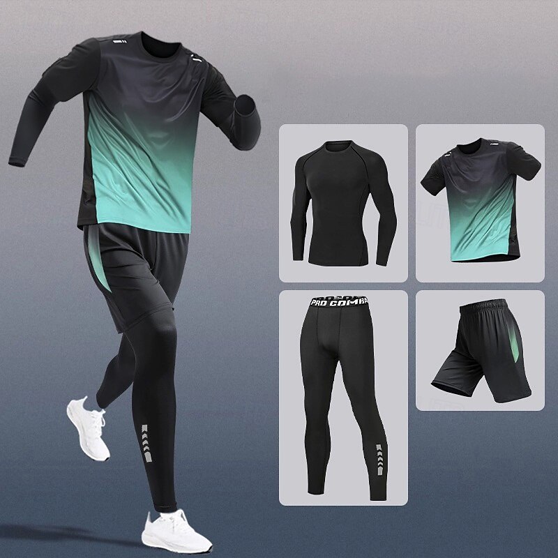 Men's Workout Suits 4 Piece Sports Set Color Gradient Clothing Suit Summer Red Blue Basketball Running Yoga High Waist Quick Dry Long Sleeve Sport Activewear Micro-elastic Regular Fit