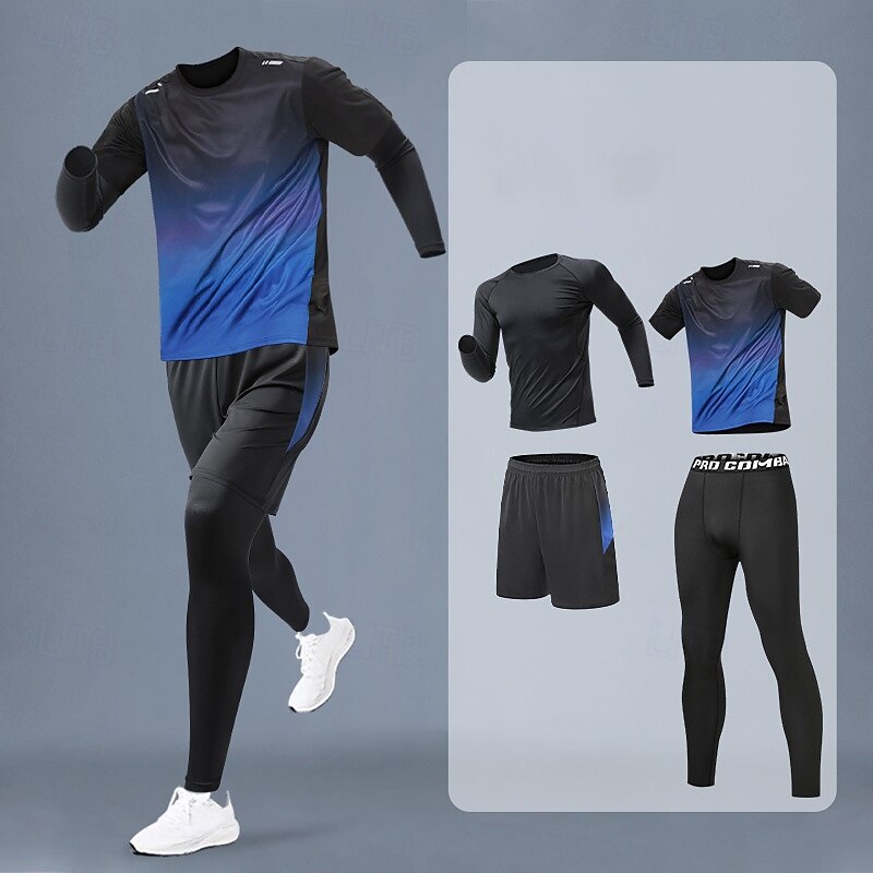 Men's Workout Suits 4 Piece Sports Set Color Gradient Clothing Suit Summer Red Blue Basketball Running Yoga High Waist Quick Dry Long Sleeve Sport Activewear Micro-elastic Regular Fit4