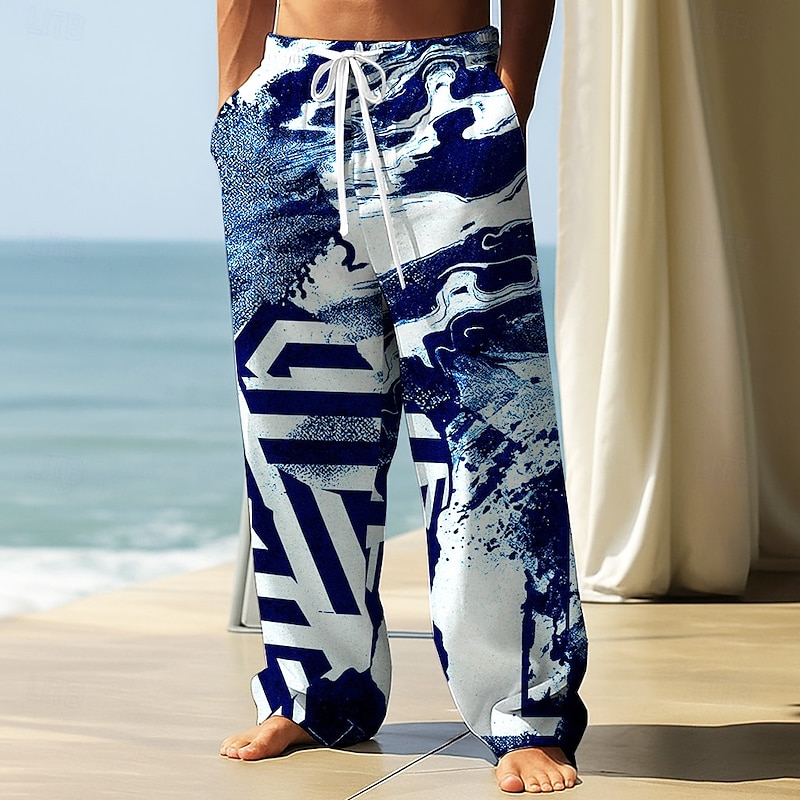 Men's Trousers Baggy Pants Casual Pants Elastic Drawstring Waist Linen-Like Pants with Pockets Geometric Abstract Art Full Length Outdoor Vacation Retro Vintage Black Wine Inelastic2