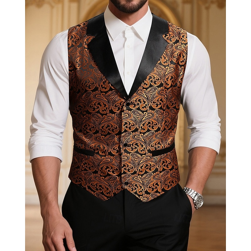Men's Vest Waistcoat Gilet Vacation Party Business Fashion Casual Spring Fall Pocket Buttons Polyester Comfortable Paisley Single Breasted One-button Peaked Lapel Regular Fit Light Brown Vest