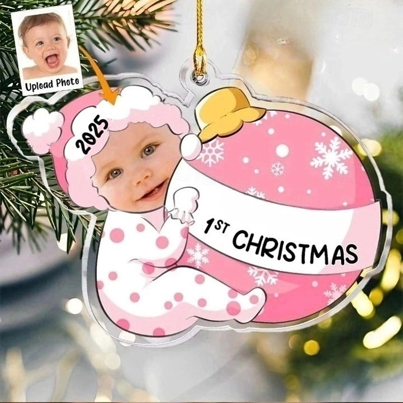 Personalized Photo Christmas Ornaments 1st First Christmas Custom Baby Face Acrylic 2D Custom Christmas Tree Ornaments Xmas Decoration Hanging Pendant Gifts
