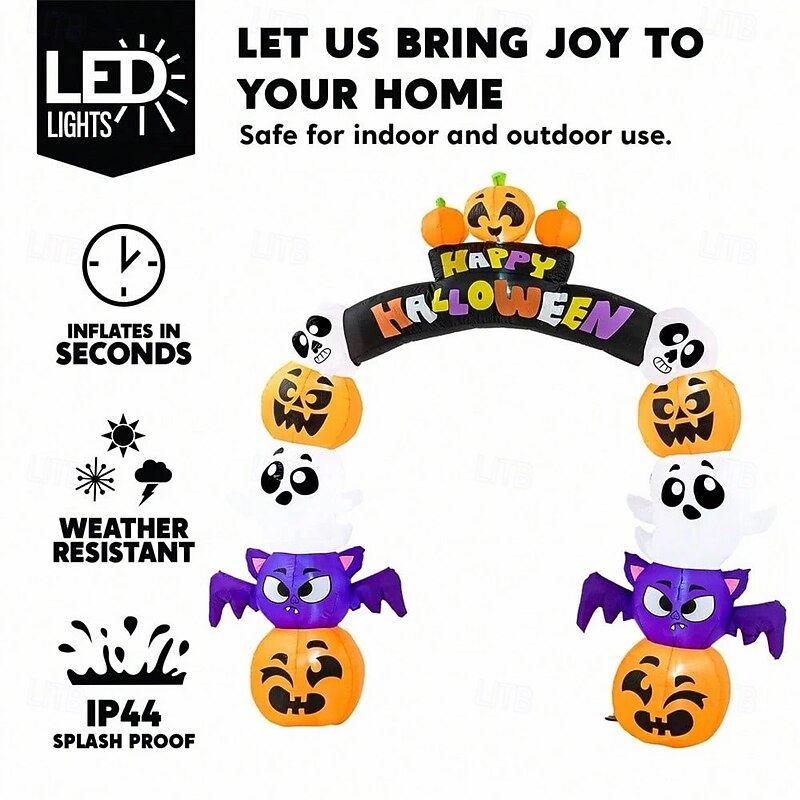 1 Pc 2.5M/8FT Halloween Pumpkin Ghost Luminous Inflatable Air Model Arches Courtyard Doors Entrance Doors Porches Lawn Party Halloween Atmosphere Decorative Lights EU/US/AU/UK Plug2