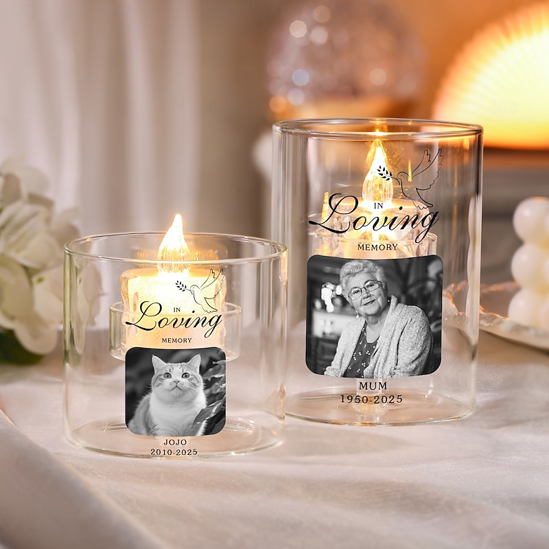 Personalized Memorial Glass Candle Holder, Custom Photo Remembrance Keepsake, Customized Glass Votive Candle Holder for Family, Friends, Loved Ones, Pets, Eternal Gift