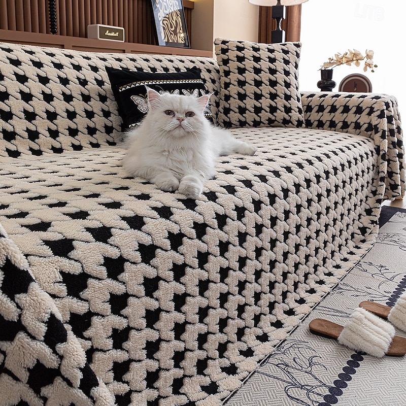 Houndstooth Couch Cover for Pets, Pet Friendly All-Season Full-Cover Sofa Throw Blanket, Non-Slip Scratch Resistant Decorative Sofa Protector for Living Room