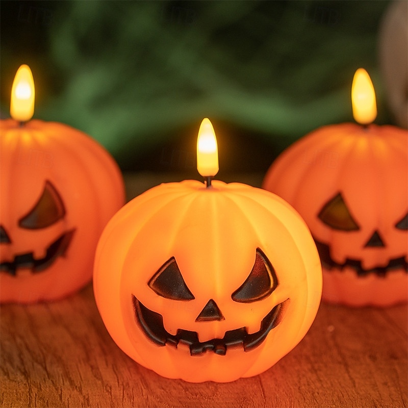 1 Pc 9.5 * 7.6CM Halloween Smiling Pumpkin LED Electronic Candle Light Indoor Outdoor Restaurant Bedroom Party Festival Atmosphere Decorative Light Ornament Light Small Night Light LR44 * 3 Battery4
