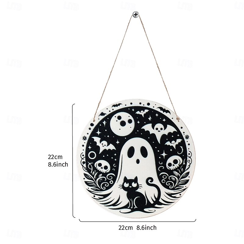 Halloween Round Wooden Door Sign – Black & White Ghost, Bat, Skull Decorative Hanging Plaque, Perfect for Indoor Walls, Doorways, Windows, and Day of the Dead Decor2