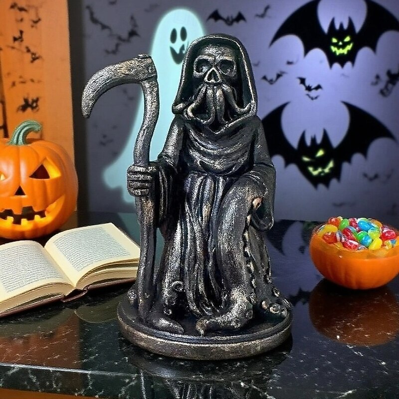 Skeleton Death Statue Halloween Gothic Resin Skeleton Grim Reaper Octopus Statue Decor Small Reaper Figurine of Holy Death for Patio Lawn Home Bedroom Bookshelf