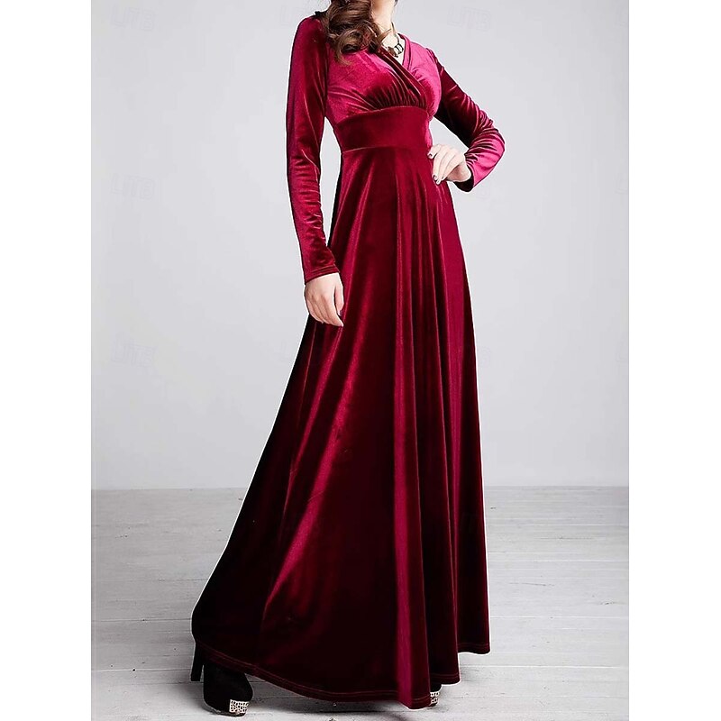 Women's Maxi Dress Sheath Dress A Line Dress Fit And Flare Dress Party Birthday Formal Wedding Party Wedding Guest Regular Fit Plain Long Sleeve V Neck Black Red Purple Spring Fall Winter Autumn3