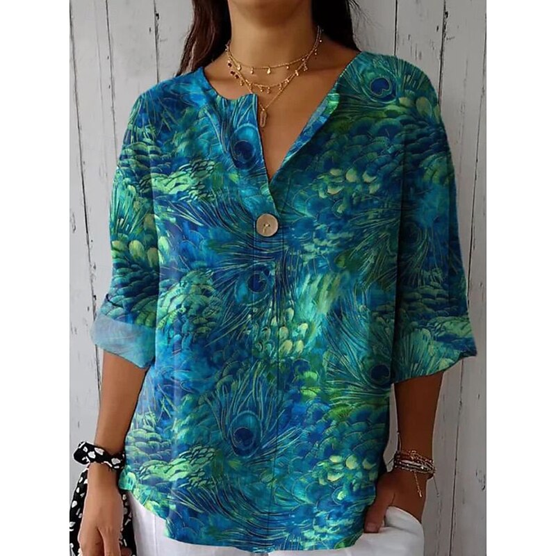 Women's Blouse Graphic Animal Vintage Long Sleeve V Neck Regular Tops Daily Holiday Vacation Wear Patchwork Buttons Print Yellow Blue Green Rainbow Summer Spring2