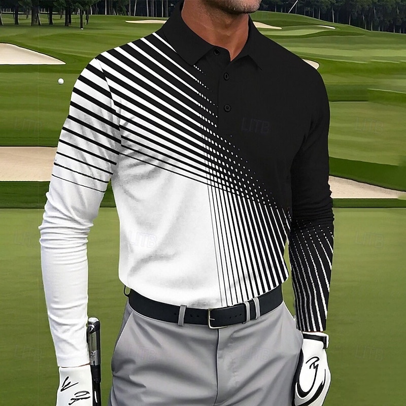 Men's Geometic Golf Polo Sports Polo Shirts Long Sleeve Polo Shirts Lapel Casual Athleisure Daily Wear 3D Print Buttons Spring Fall Winter White Blue Purple