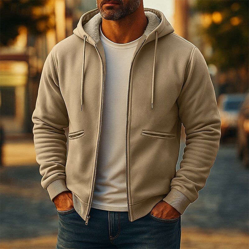 Men's Hoodie Full Zip Hoodie Fleece Hoodie Fleece lined Hoodie Yellow Army Green Khaki Dark Gray Hooded Plain Patchwork Sports & Outdoor Casual Daily Streetwear Cool Sportswear Spring &  Fall2