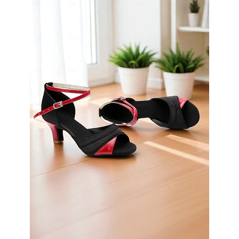Women's Black and Red Latin Dance Sandals - Open Toe Mid Heel Professional Ballroom Shoes with Ankle Strap for Performance and Practice4