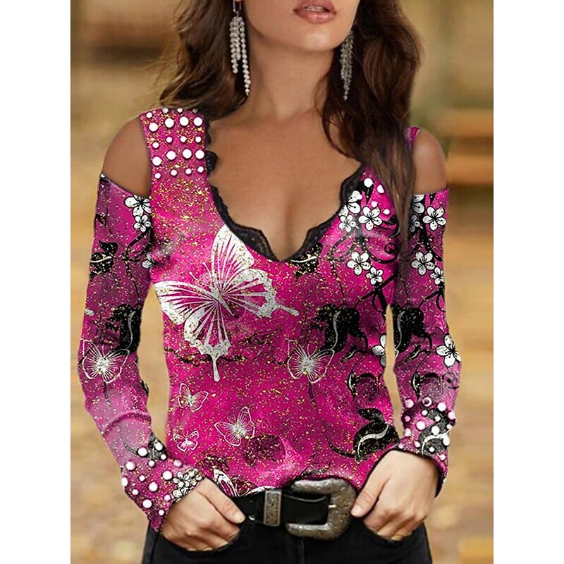 Halloween Women's Blouse Floral Vintage Retro Vintage Rock Long Sleeve V Neck Regular Tops Daily Patchwork Print Wine Navy Blue Blue Purple Fuchsia Spring Fall2