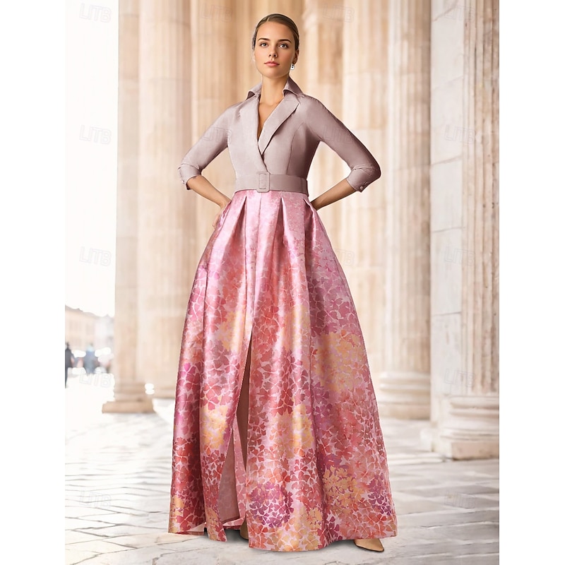 A-Line Mother of the Bride Evening Gown Elegant Dress Formal Wedding Floor Length Half Sleeve Shirt Collar Satin with Floral Print Slit Wedding Guest Dress