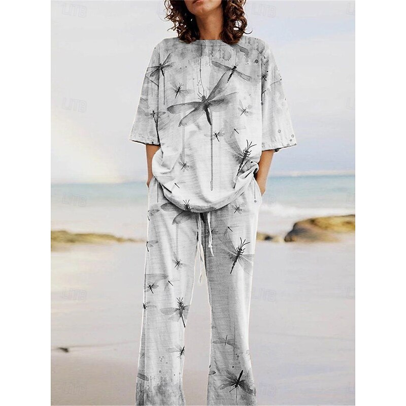 Women's Active Fashion Pants Sets 3/4 Length Sleeve Crew Neck Animal Print Vacation Daily Holiday Dark Green Green Gray Summer Regular Fit2