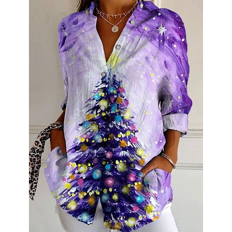 Christmas Women's Shirt Graphic Christmas Tree Elegant Bohemia Vintage Long Sleeve Shirt Collar Regular Tops Work Daily Buttons Print Pink Red Purple Green Spring Fall Winter4