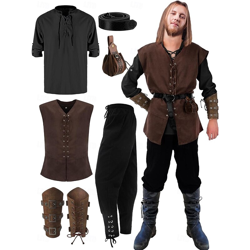 Retro Vintage Medieval Renaissance Pants Outfits Waist Belt Pirate Viking Fancy Dress Men's Viking Halloween Carnival Masquerade Performance Masquerade LARP Adults' Shirt Pants Belt3