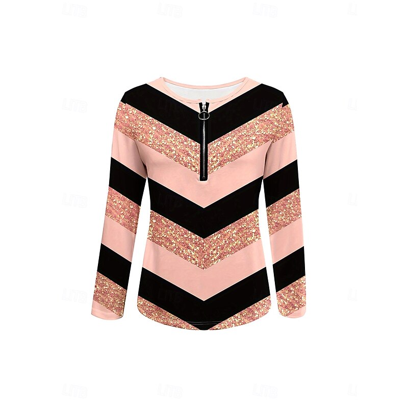 Women's T Shirt Graphic Geometric Striped Elegant Vintage Stylish Long Sleeve Round Neck Notched Neck Regular Tops Daily Weekend Zipper Print Pink Spring Fall Winter2