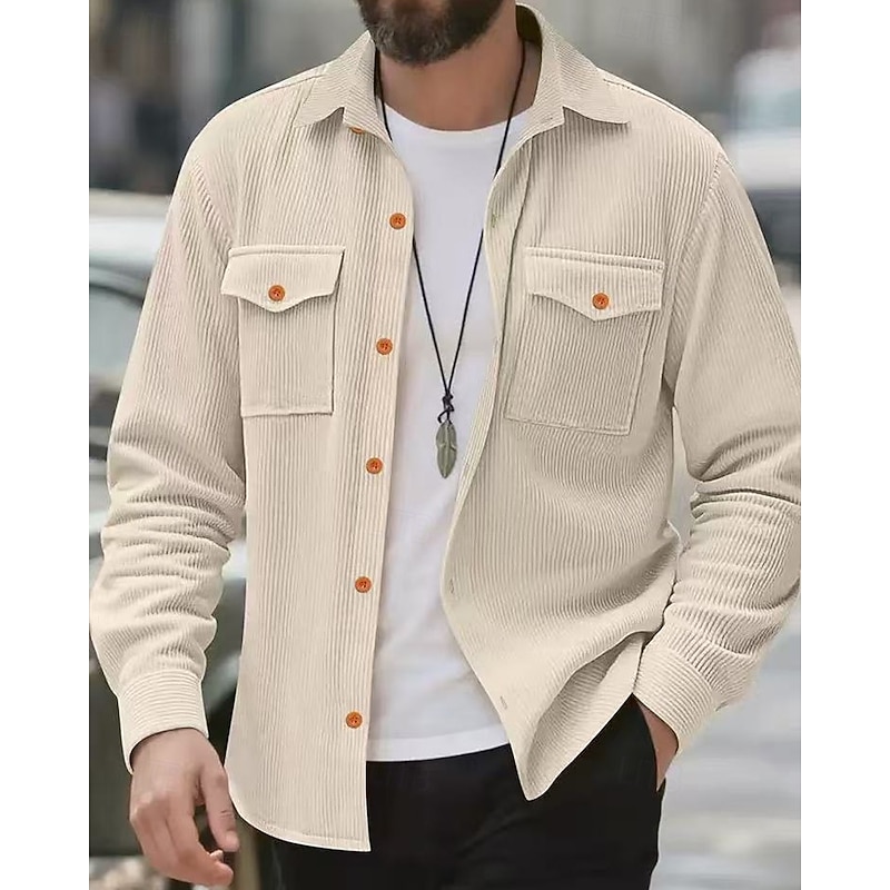 Men's Lightweight Jacket Corduroy Jacket Cargo Jacket Casual Jacket Vacation Daily Breathable Pocket Spring Fall Plain Fashion Classic Lapel Regular Black Light Grey Army Green Beige Jacket4