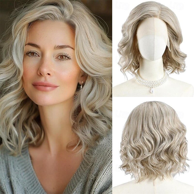 Women’s Silver Blonde Shoulder Length Wavy Wig Natural Looking Realistic Synthetic Hair Heat Resistant Middle Part Elegant Daily Wear Fashion Style