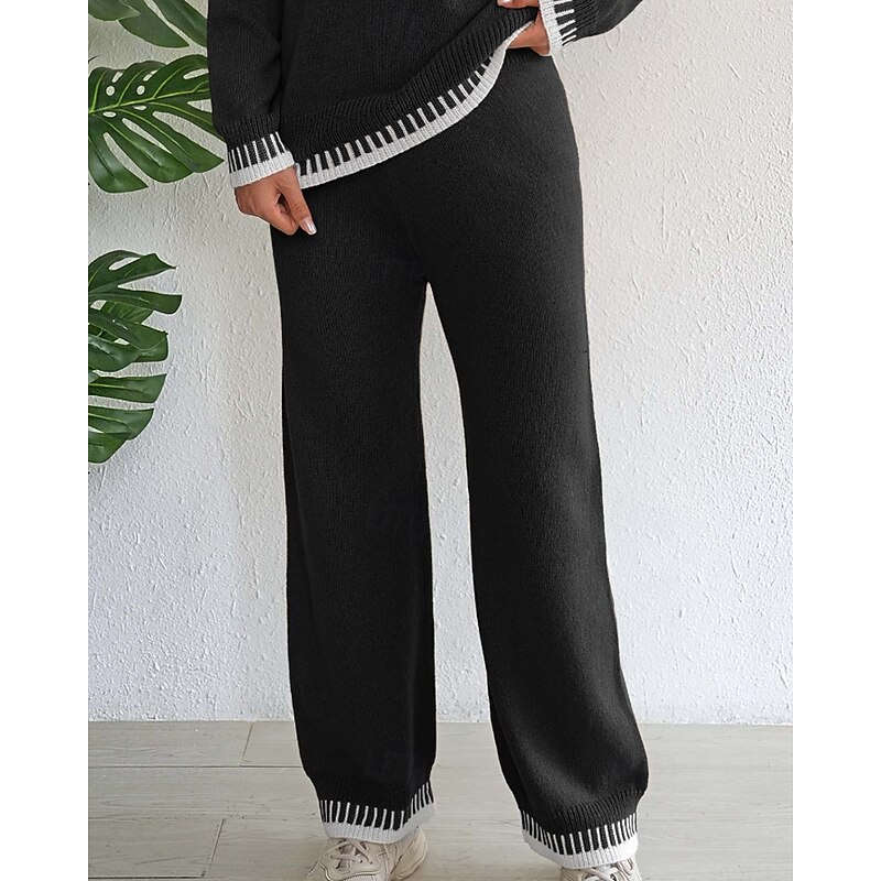 Women's Wide Leg Slacks Streetwear Casual Full Length Natural Color Block Patchwork Elastic Waist Comfortable Street Holiday Daily Wear Black Khaki Winter Regular Fit3