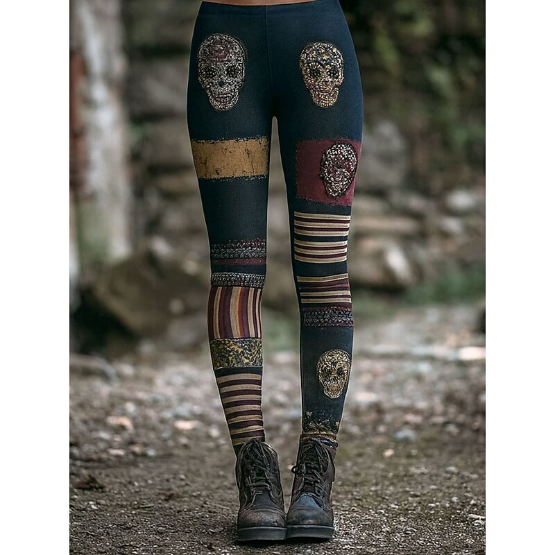 Women's Leggings Vacation Vintage Fashion Ankle-Length High WaistPantsHalloween Graphic Skull Halloween Printing Soft Breathable Stretchy Formal Vacation Street Navy Blue Spring Fall Winter Slim Fit