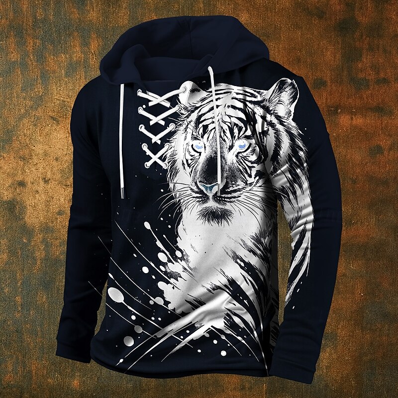 Men's Tiger Hoodie Sweatshirt Stylish Vintage Retro Hooded Streetwear Black White Drawstring Fall Winter Designer4