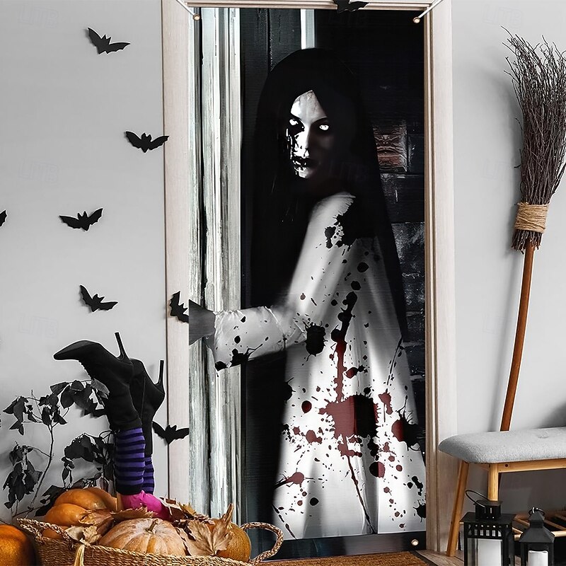 Halloween Door Cover Outdoor Banners Witch Ghost Psychedelic Dark Punk Gothic Style Party Outdoor Shooting Backgrounds Front Door Wall Porch Home Decor
