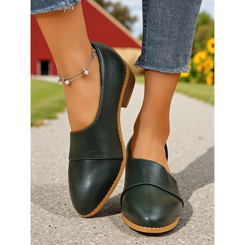 Women's Dark Green Faux Leather Block Heel Loafers – Casual Side Cut Low Heel Shoes for Work, Shopping and Outdoor Wear2