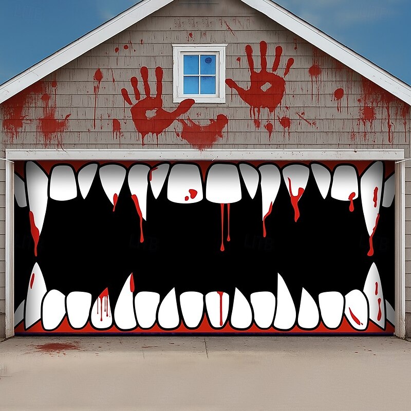 Halloween  Garage Door Cover 3D Archway  Spooky Vampire Teeth Banner Large Tapestry Backdrop Decoration for 2025 Halloween Holiday Outdoor Wall Decorations Zombie Containment Unit Garage Door2